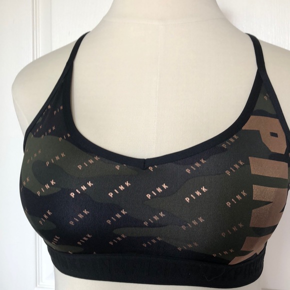 PINK Victoria's Secret Other - Pink Victoria’s Secret Ultimate Green Camo Sports Bra Lightly Lined Racer Back L